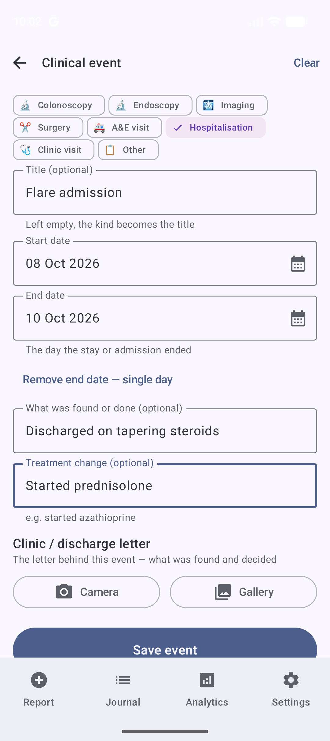 The clinical event form with kind chips, a span of dates, and optional outcome and treatment change