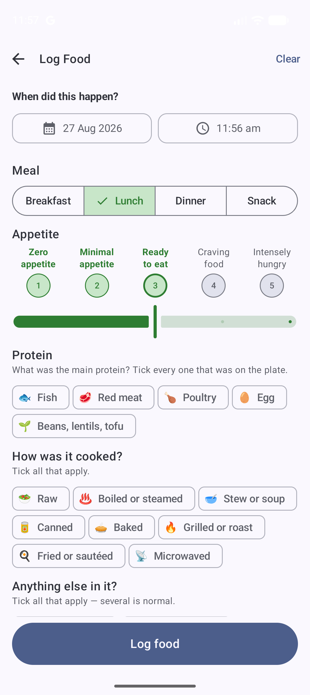 The food form with meal type, appetite scale and protein choices