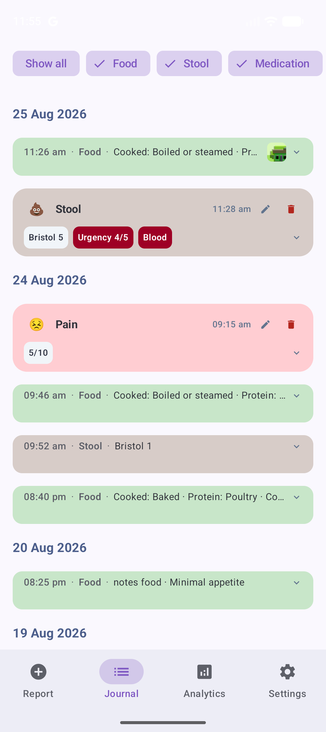 The journal tab: a colour-coded timeline of the family's food, stool, symptom and medication entries