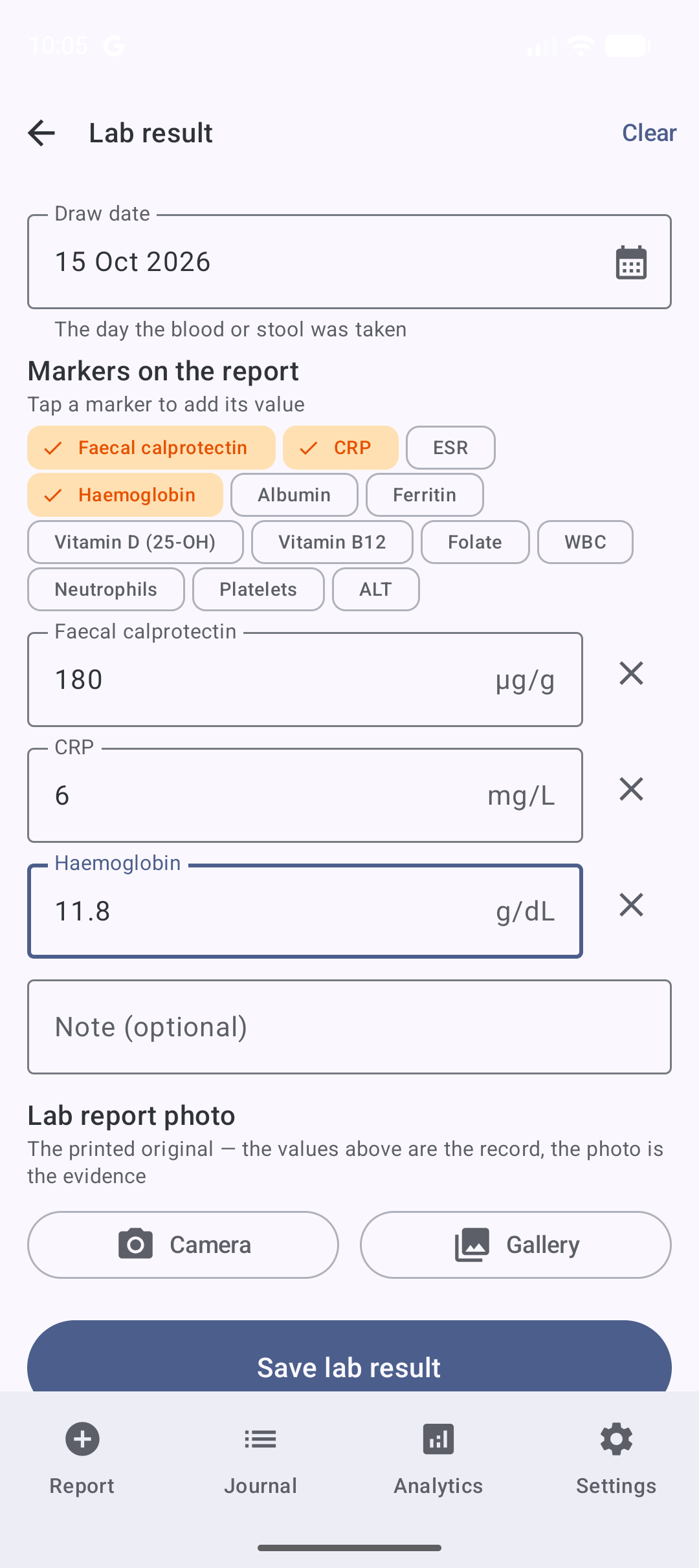 The lab results form with marker chips ticked and value fields with their units
