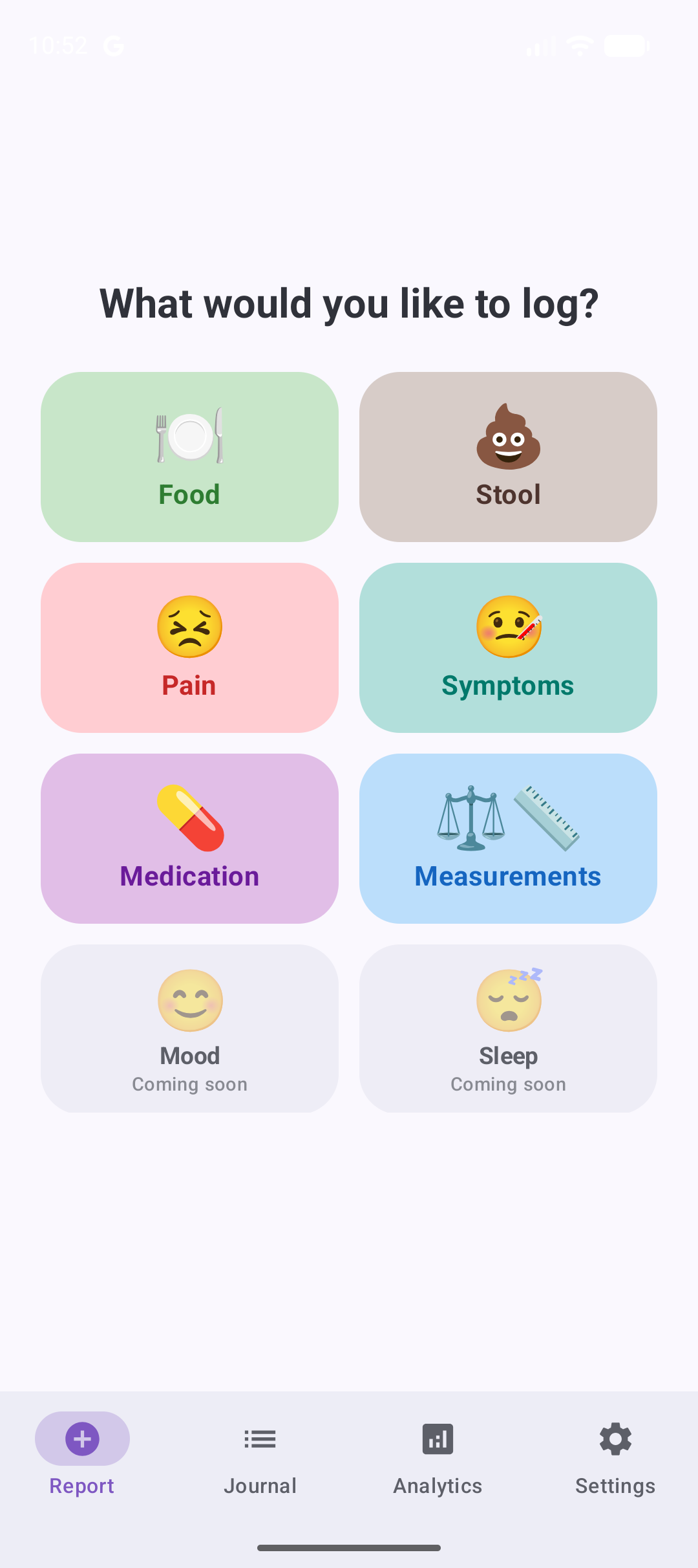 The report screen with large tiles for food, stool, pain, symptoms, medication and measurements