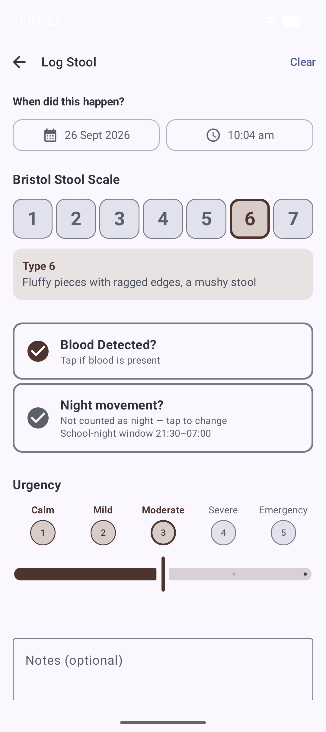 The stool form with the Bristol stool scale grid, a type selected, blood and night-movement toggles, and an urgency scale