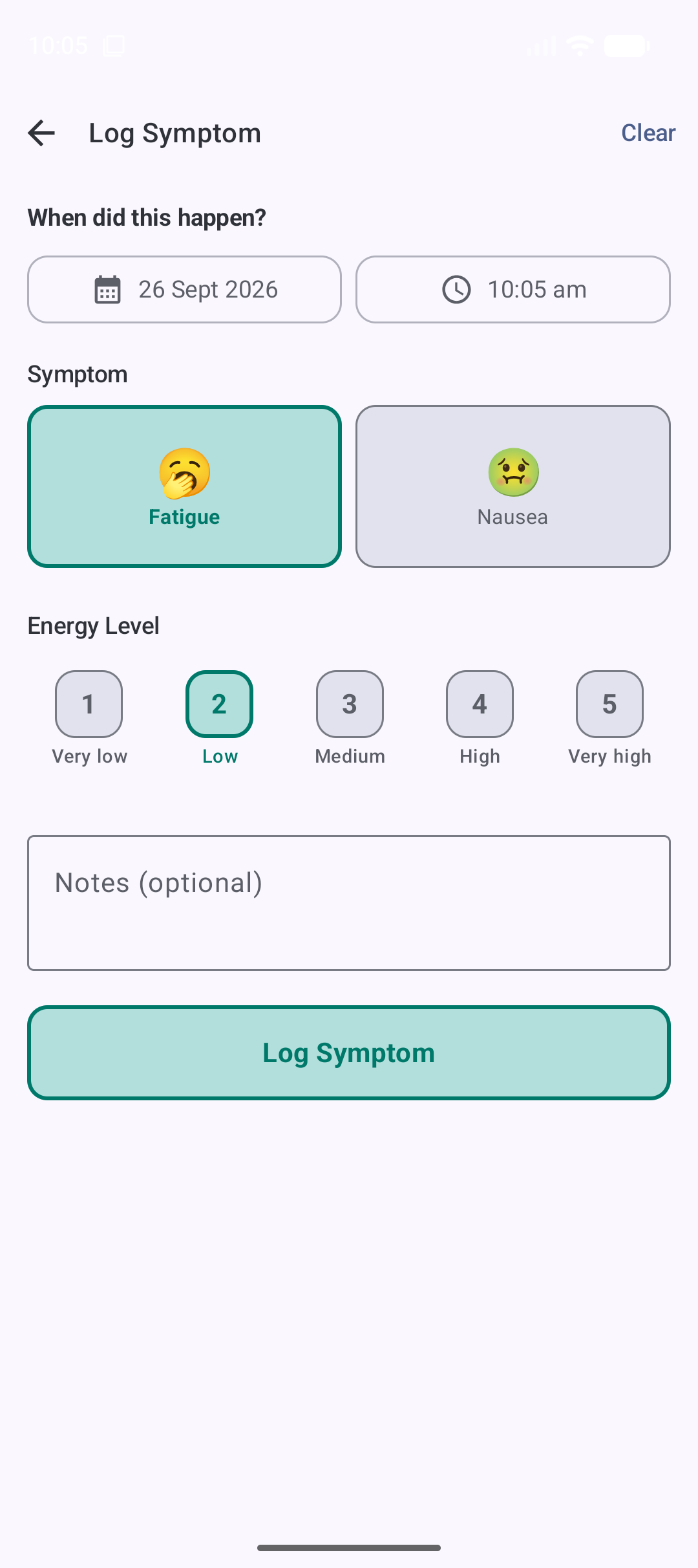 The symptom form with fatigue selected and a five-level energy scale